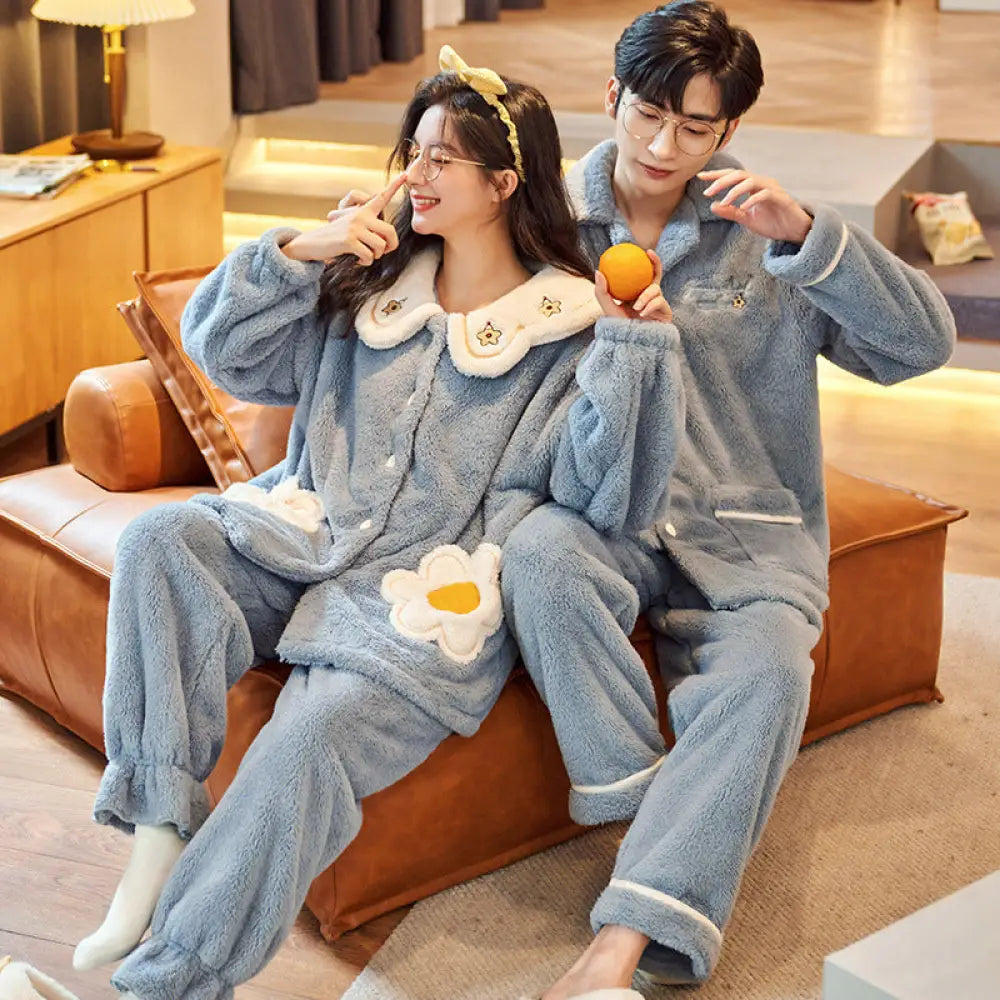 カップル パジャマ レディース 秋冬用 フリース 厚手 カーディガン 大きいサイズ フランネル パジャマパンツ メンズ ルームウェア セット ID3793 タイプ③ / レディースＭ