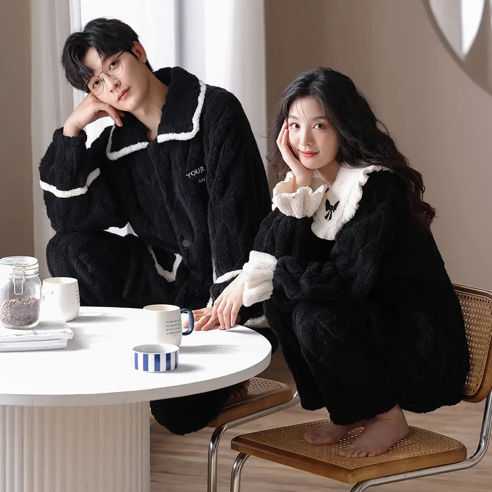 カップル パジャマ レディース 秋冬用 フリース 厚手 カーディガン 大きいサイズ フランネル パジャマパンツ メンズ ルームウェア セット ID3793 タイプ② / レディースＭ