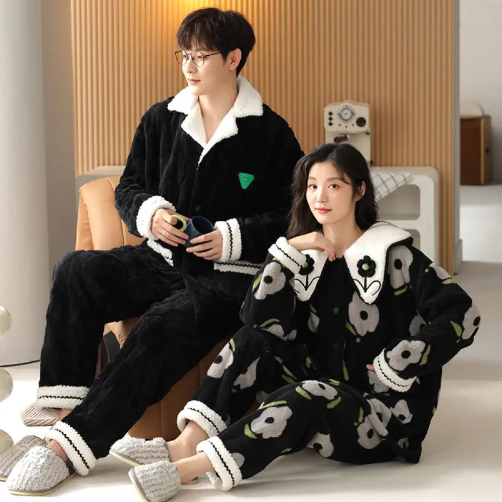カップル パジャマ レディース 秋冬用 フリース 厚手 カーディガン 大きいサイズ フランネル パジャマパンツ メンズ ルームウェア セット ID3793 タイプ⑦ / レディースＭ