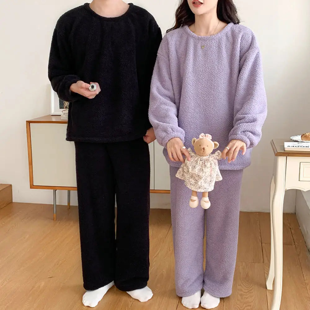 カップル パジャマ レディース 秋冬用 フリース 無地 フリース 可愛い 暖かい あったか 長袖 部屋着 厚手 コーラルフリース メンズ ルームウェア ID3671 タイプ① / レディースＭ コーディネート＞ペアルック