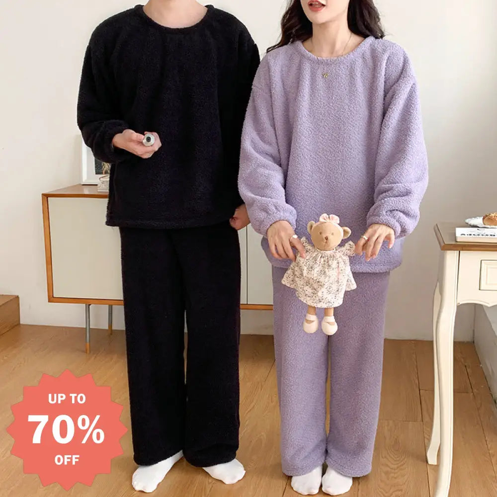 カップル パジャマ レディース 秋冬用 フリース 無地 フリース 可愛い 暖かい あったか 長袖 部屋着 厚手 コーラルフリース メンズ ルームウェア ID3671 タイプ① / レディースＭ コーディネート＞ペアルック