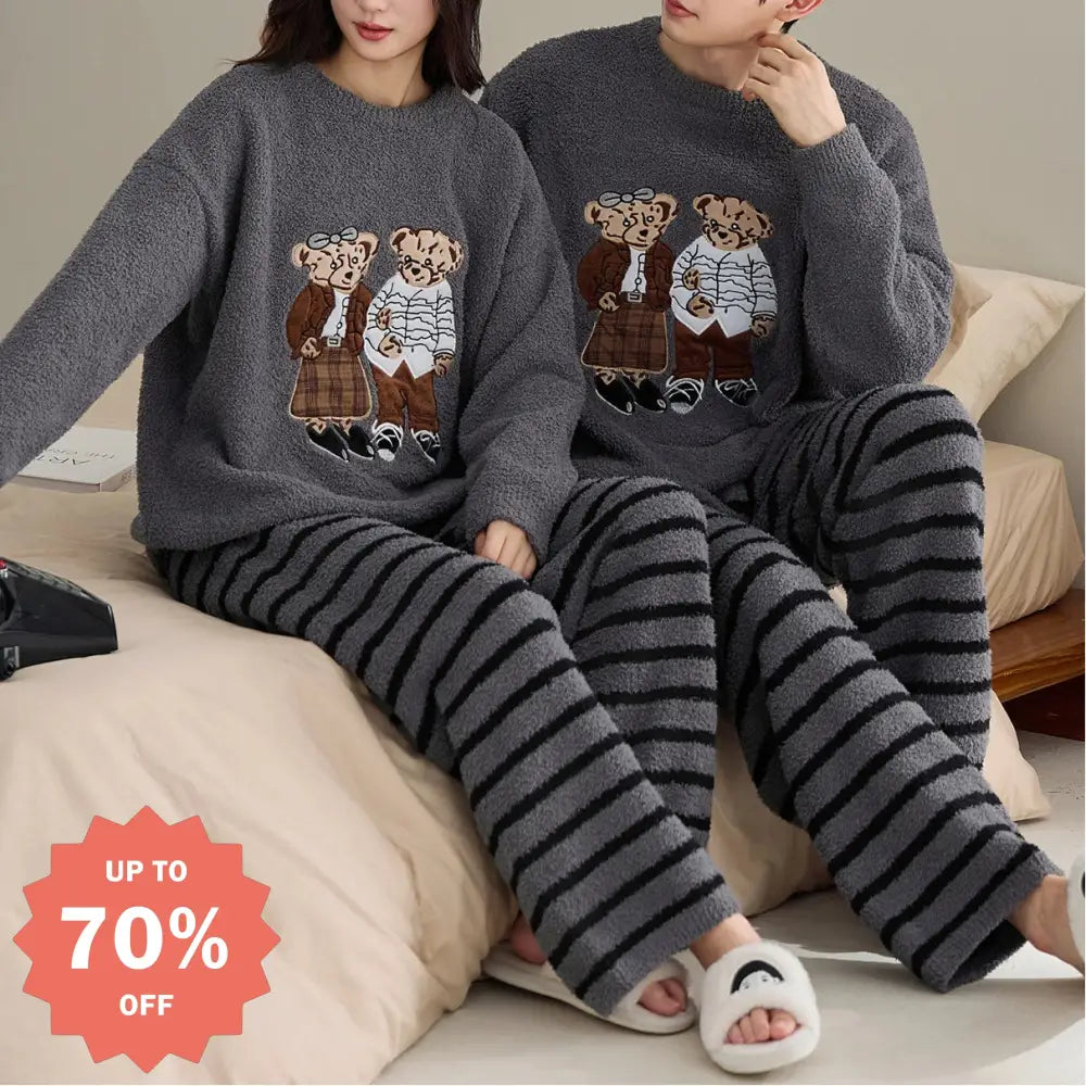 カップル パジャマ レディース 秋冬用 厚手 フリース 可愛い セットアップ メンズ コーラルフリース カートゥーン ルームウェア ID3508