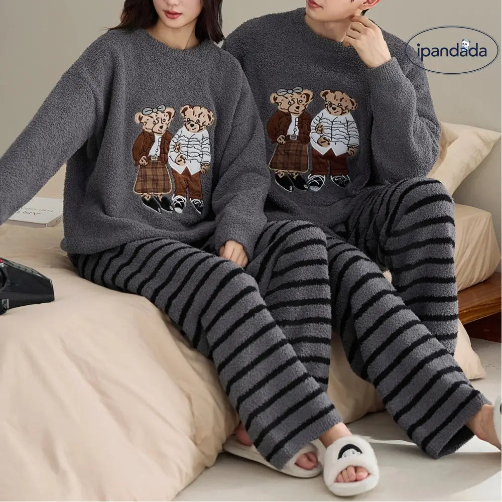 カップル パジャマ レディース 秋冬用 厚手 フリース 可愛い セットアップ メンズ コーラルフリース カートゥーン ルームウェア ID3508