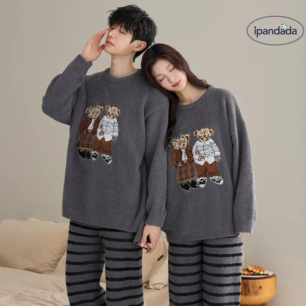 カップル パジャマ レディース 秋冬用 厚手 フリース 可愛い セットアップ メンズ コーラルフリース カートゥーン ルームウェア ID3508