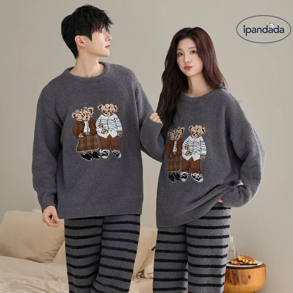 カップル パジャマ レディース 秋冬用 厚手 フリース 可愛い セットアップ メンズ コーラルフリース カートゥーン ルームウェア ID3508