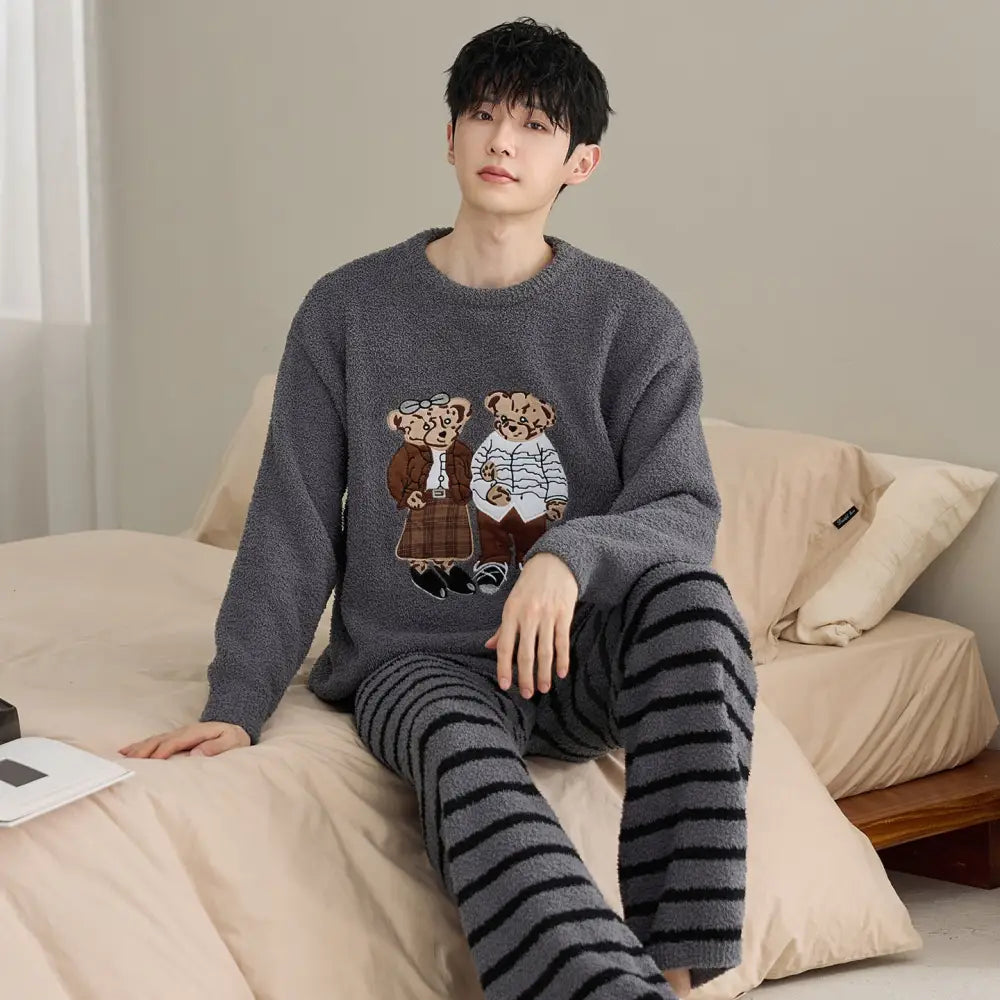 カップル パジャマ レディース 秋冬用 厚手 フリース 可愛い セットアップ メンズ コーラルフリース カートゥーン ルームウェア ID3508 写真通り / メンズL