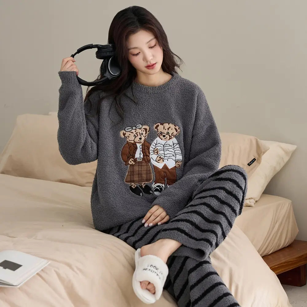 カップル パジャマ レディース 秋冬用 厚手 フリース 可愛い セットアップ メンズ コーラルフリース カートゥーン ルームウェア ID3508 写真通り / レディースＭ