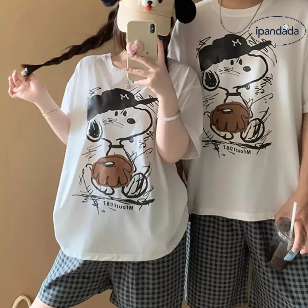 カップル パジャマ レディース 夏 半袖 コットン セット かわいい カートゥーン スヌーピー メンズ プルオーバー ルームウェア ID4712