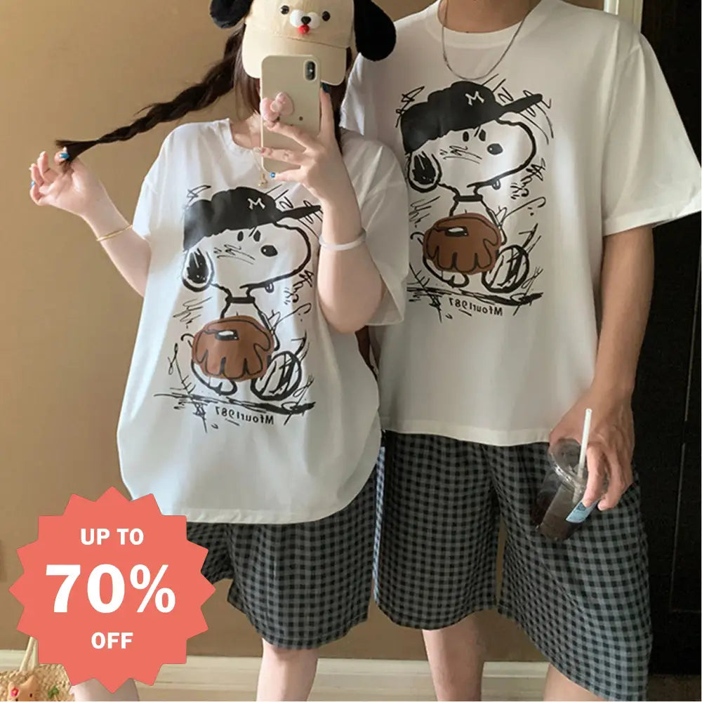 カップル パジャマ レディース 夏 半袖 コットン セット かわいい カートゥーン スヌーピー メンズ プルオーバー ルームウェア ID4712 - タイプ① / レディースＭ