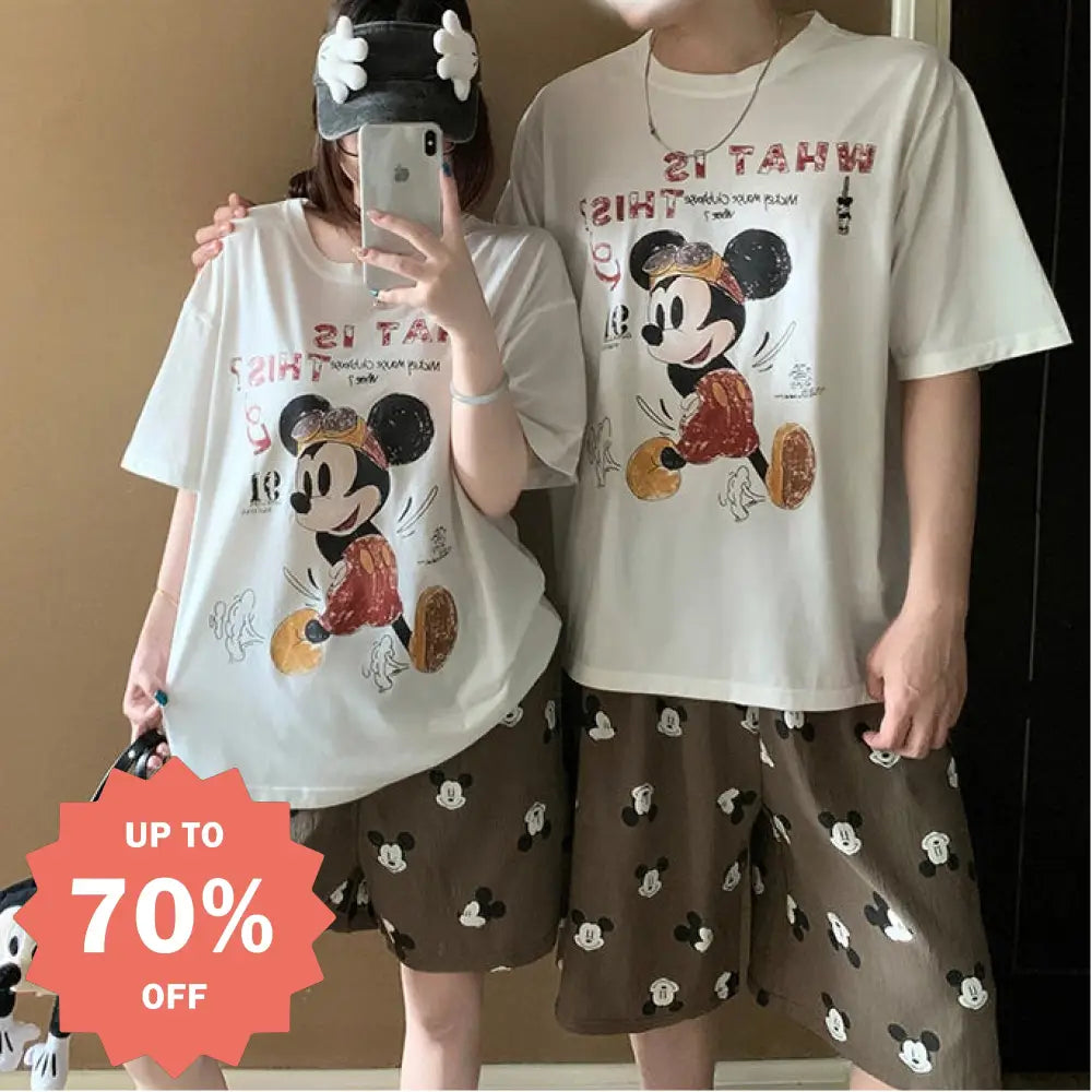 カップル パジャマ レディース 夏 半袖 ショートパンツ セット かわいい カートゥーン ミッキー メンズ プルオーバー ルームウェア 肌にやさしい 快適 ゆったり ID4718 - タイプ① / レディースＭ