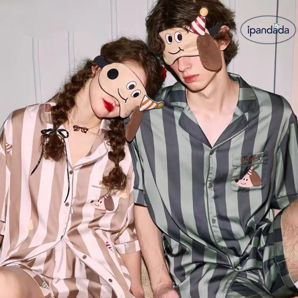 カップル パジャマ レディース 夏用 短袖 アイスシルク 新作 ストライプ 可愛い ダックスフンド 男性用 薄手 ルームウェア セット ID1797