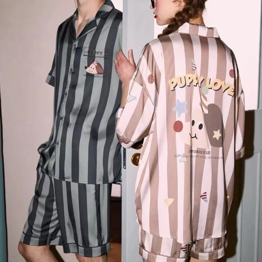 カップル パジャマ レディース 夏用 短袖 アイスシルク 新作 ストライプ 可愛い ダックスフンド 男性用 薄手 ルームウェア セット ID1797