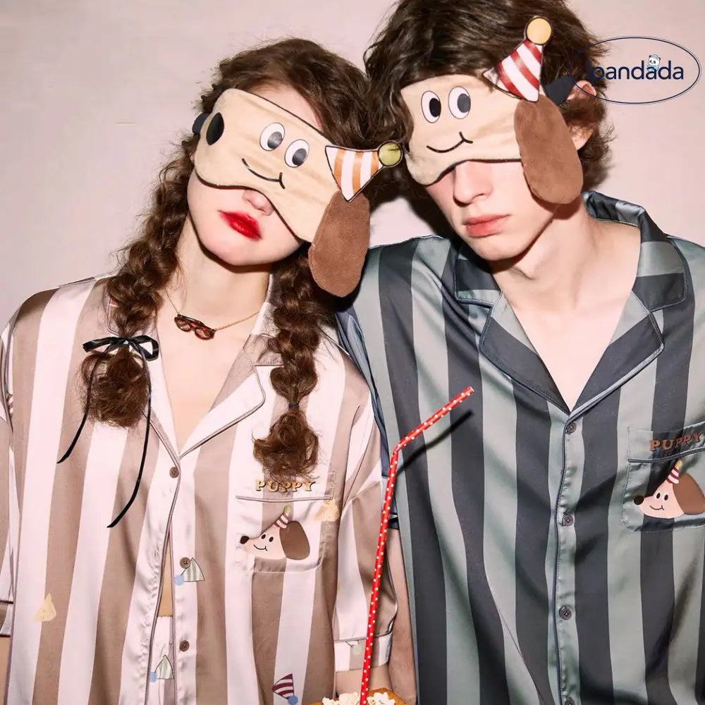 カップル パジャマ レディース 夏用 短袖 アイスシルク 新作 ストライプ 可愛い ダックスフンド 男性用 薄手 ルームウェア セット ID1797