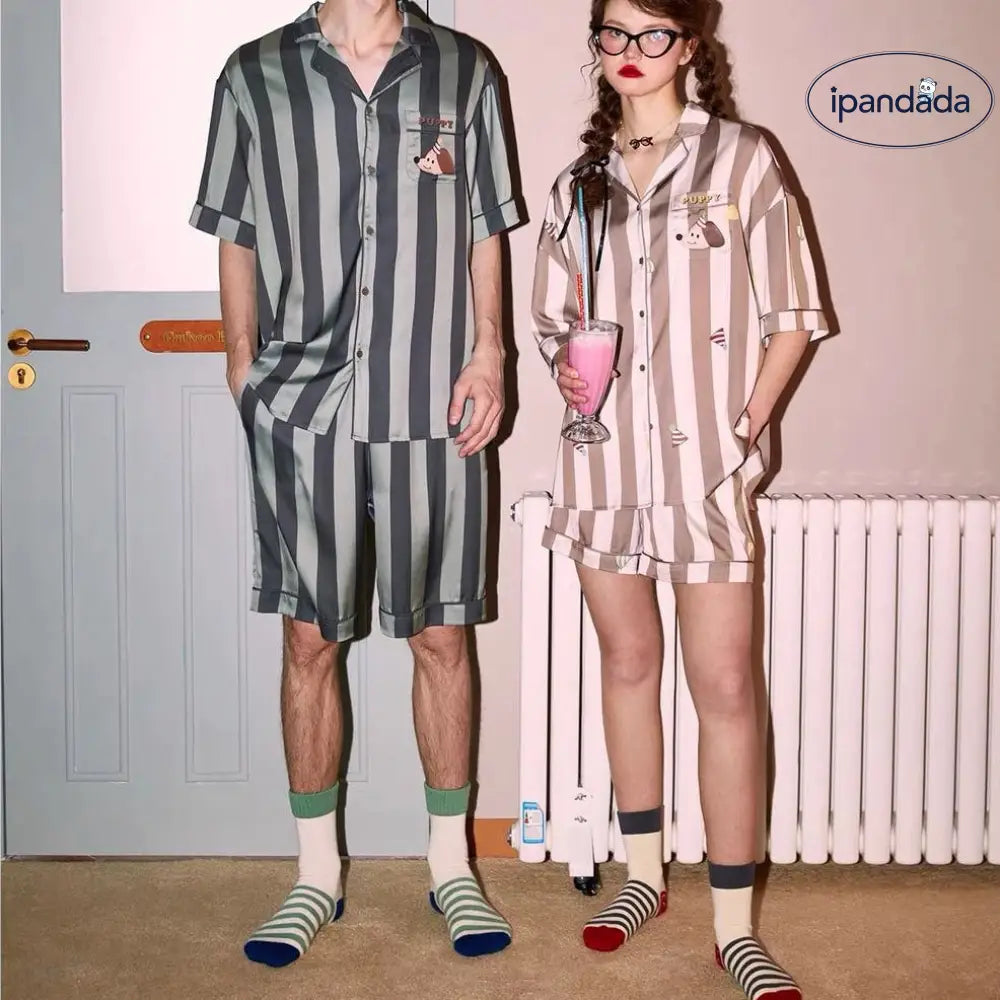 カップル パジャマ レディース 夏用 短袖 アイスシルク 新作 ストライプ 可愛い ダックスフンド 男性用 薄手 ルームウェア セット ID1797