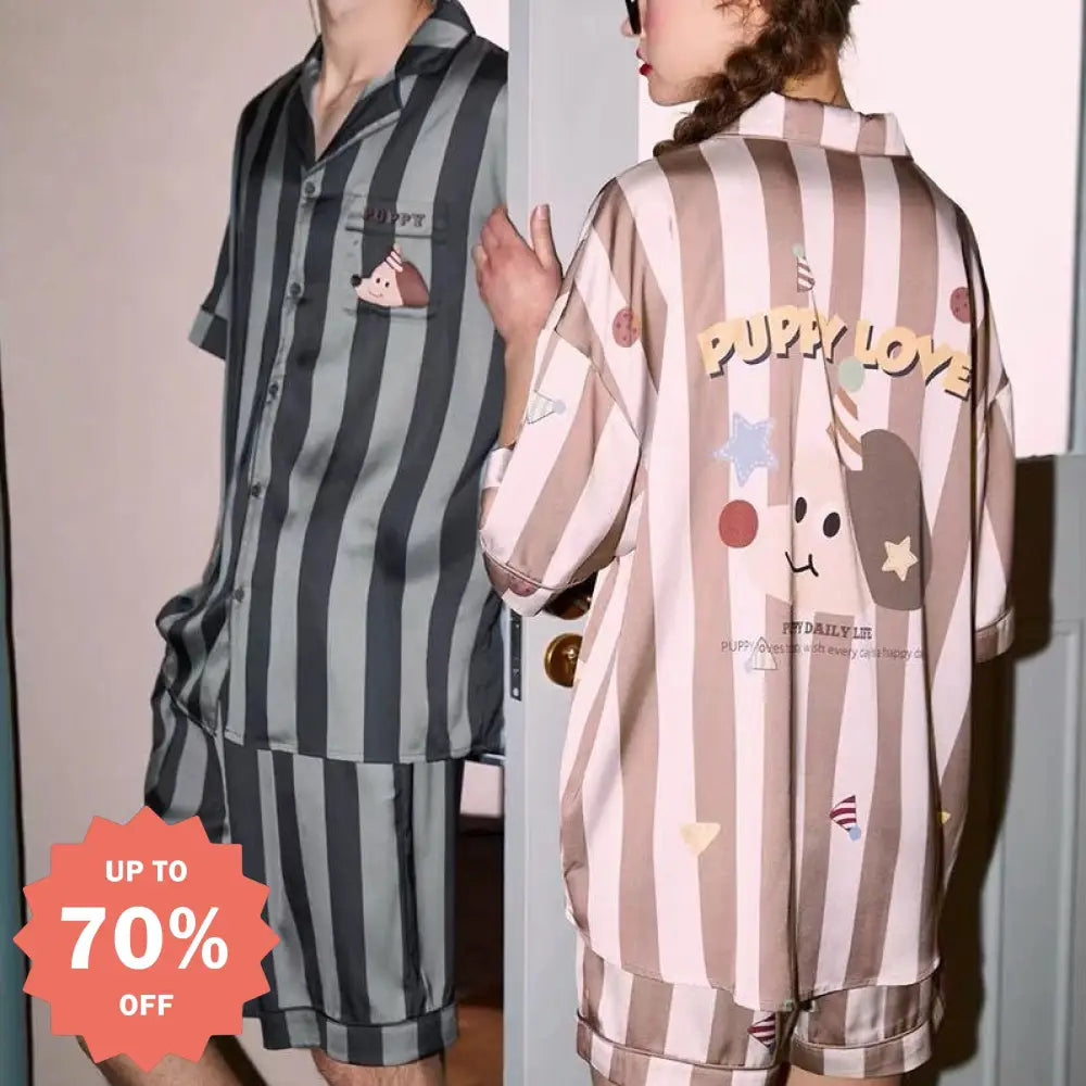 カップル パジャマ レディース 夏用 短袖 アイスシルク 新作 ストライプ 可愛い ダックスフンド 男性用 薄手 ルームウェア セット ID1797