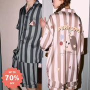 カップル パジャマ レディース 夏用 短袖 アイスシルク 新作 ストライプ 可愛い ダックスフンド 男性用 薄手 ルームウェア セット ID1797