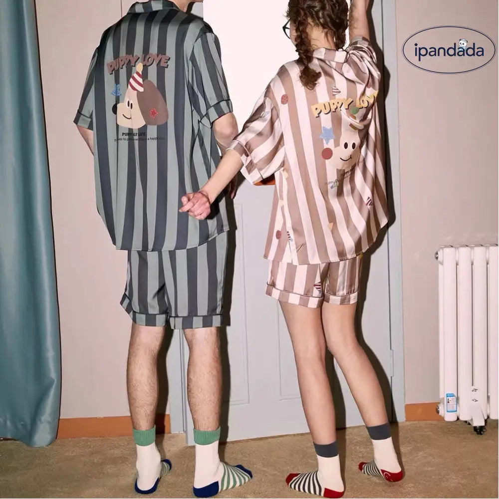 カップル パジャマ レディース 夏用 短袖 アイスシルク 新作 ストライプ 可愛い ダックスフンド 男性用 薄手 ルームウェア セット ID1797
