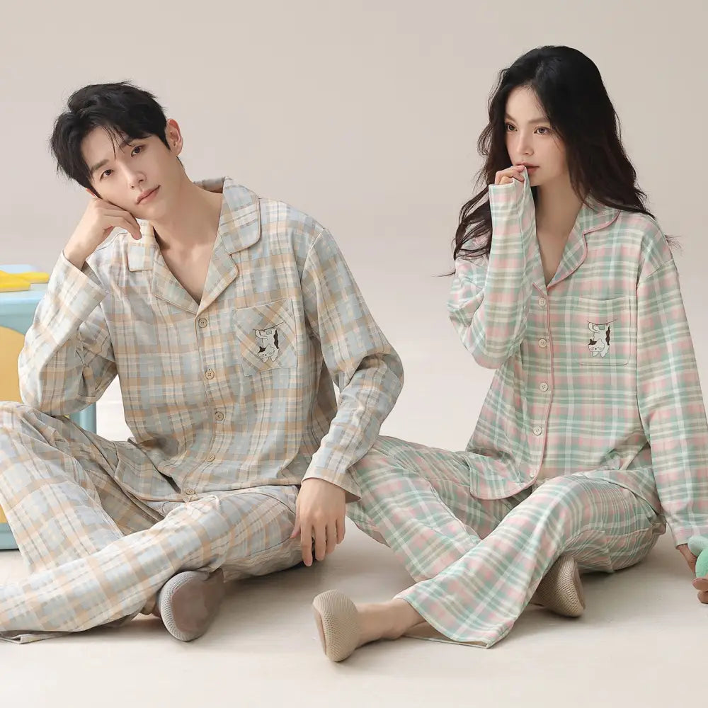 カップル パジャマ セット 春秋 新作 かわいい 大きいサイズ 綿 ルームウェア お揃い 部屋着 2点セット ID4075 タイプ⑤ / レディースＭ