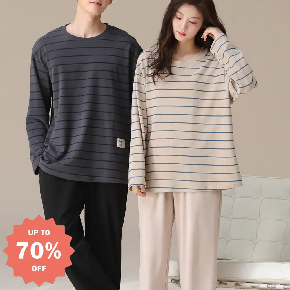 カップル パジャマ セット 春秋 新作 ストライプ 厚手 長袖 かわいい 可愛い 大きいサイズ ルームウェア 男女兼用 お揃い 部屋着 2点セット ID4053 コーディネート＞ペアルック