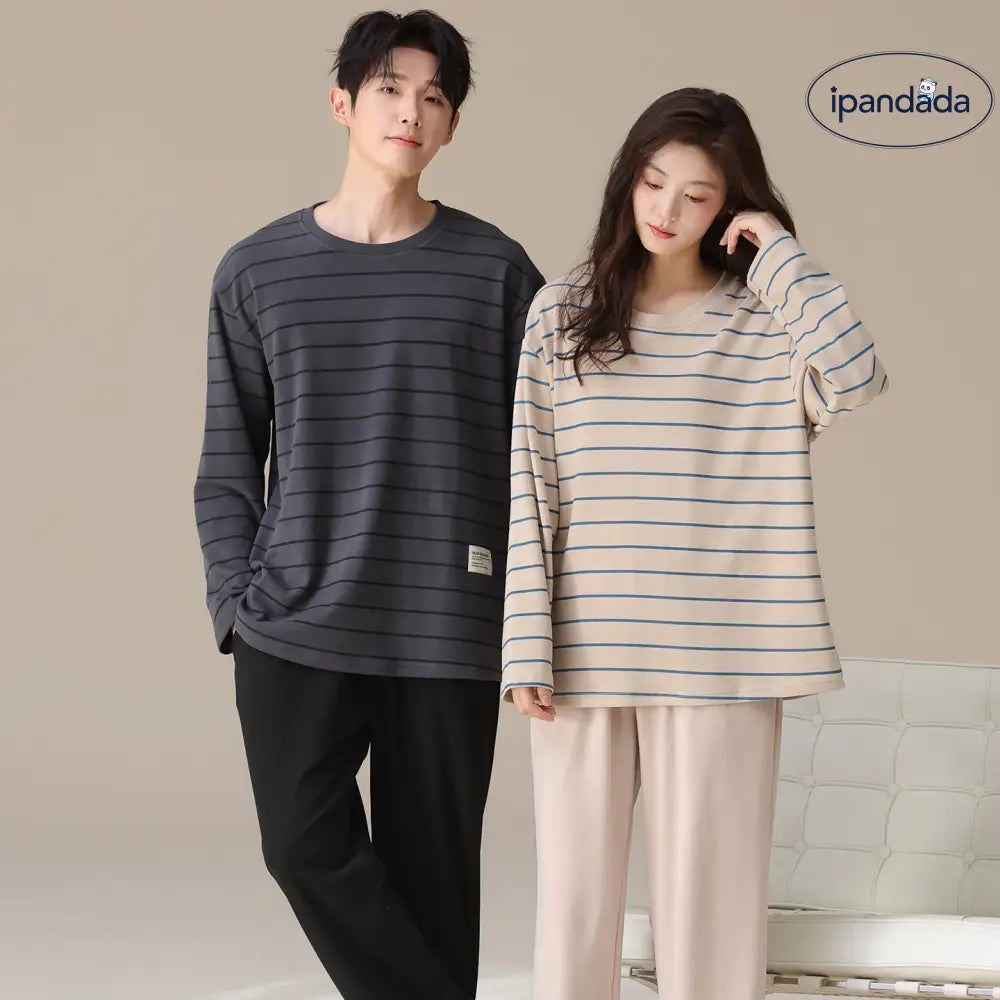 カップル パジャマ セット 春秋 新作 ストライプ 厚手 長袖 かわいい 可愛い 大きいサイズ ルームウェア 男女兼用 お揃い 部屋着 2点セット ID4053 コーディネート＞ペアルック