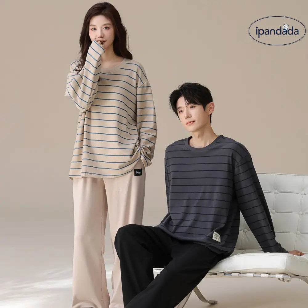 カップル パジャマ セット 春秋 新作 ストライプ 厚手 長袖 かわいい 可愛い 大きいサイズ ルームウェア 男女兼用 お揃い 部屋着 2点セット ID4053 コーディネート＞ペアルック
