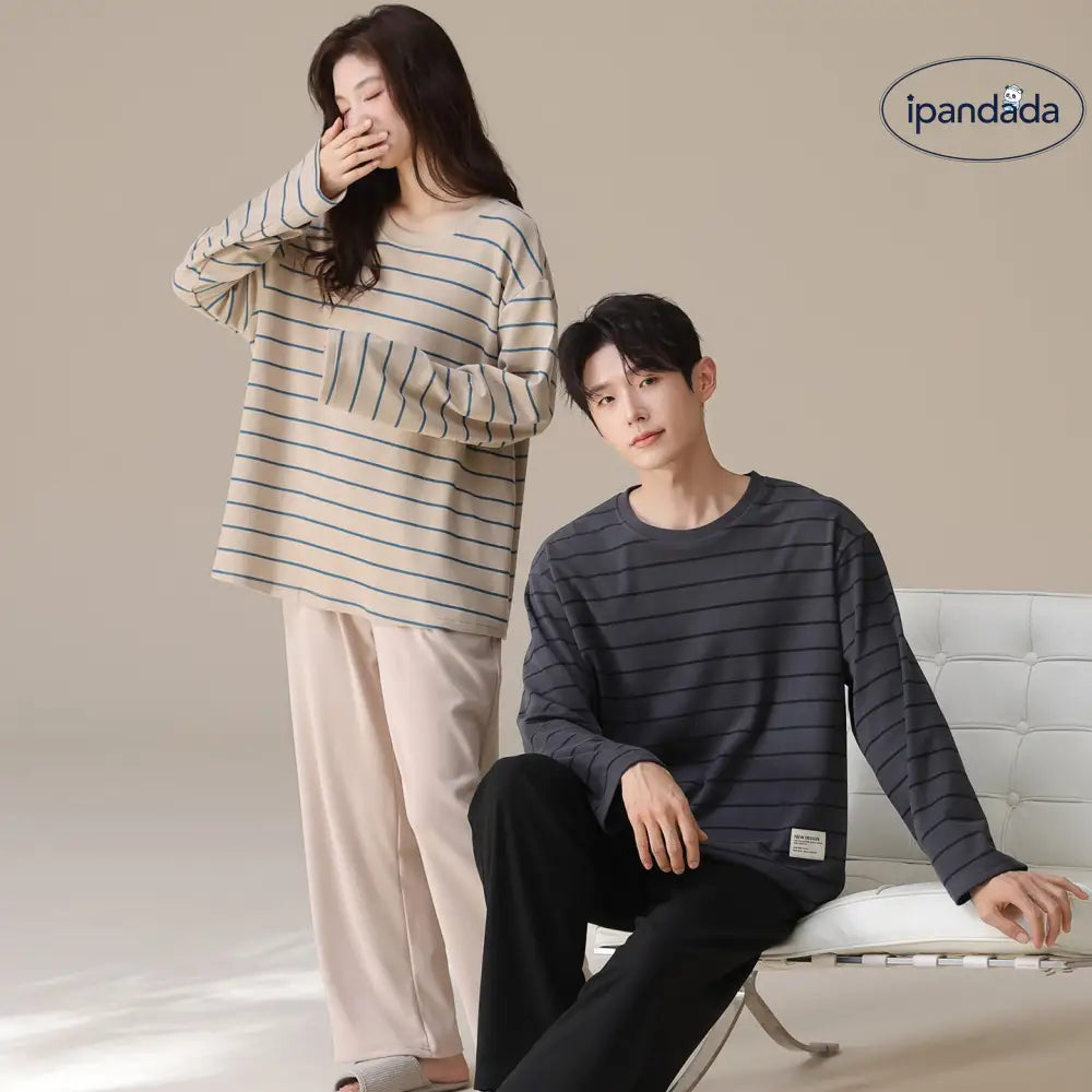 カップル パジャマ セット 春秋 新作 ストライプ 厚手 長袖 かわいい 可愛い 大きいサイズ ルームウェア 男女兼用 お揃い 部屋着 2点セット ID4053 コーディネート＞ペアルック