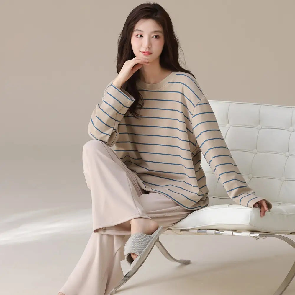 カップル パジャマ セット 春秋 新作 ストライプ 厚手 長袖 かわいい 可愛い 大きいサイズ ルームウェア 男女兼用 お揃い 部屋着 2点セット ID4053 タイプ① / レディースＭ コーディネート＞ペアルック