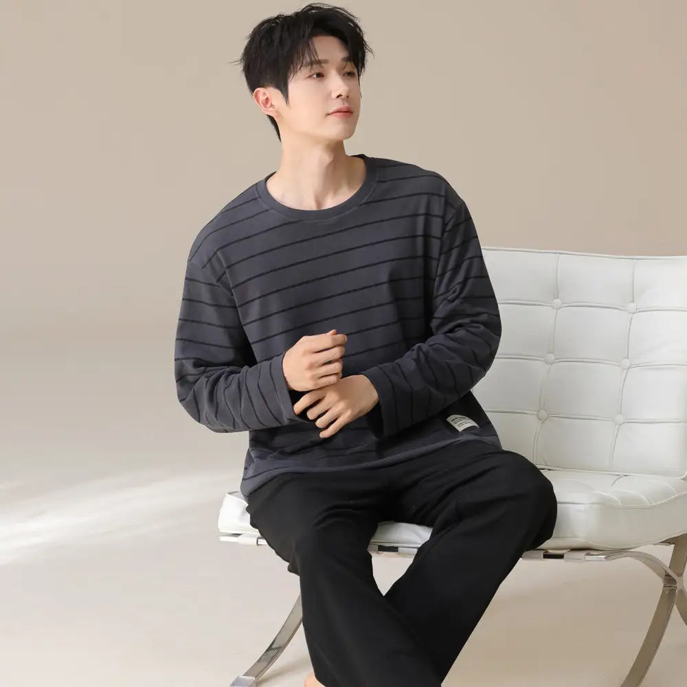 カップル パジャマ セット 春秋 新作 ストライプ 厚手 長袖 かわいい 可愛い 大きいサイズ ルームウェア 男女兼用 お揃い 部屋着 2点セット ID4053 タイプ① / メンズL コーディネート＞ペアルック