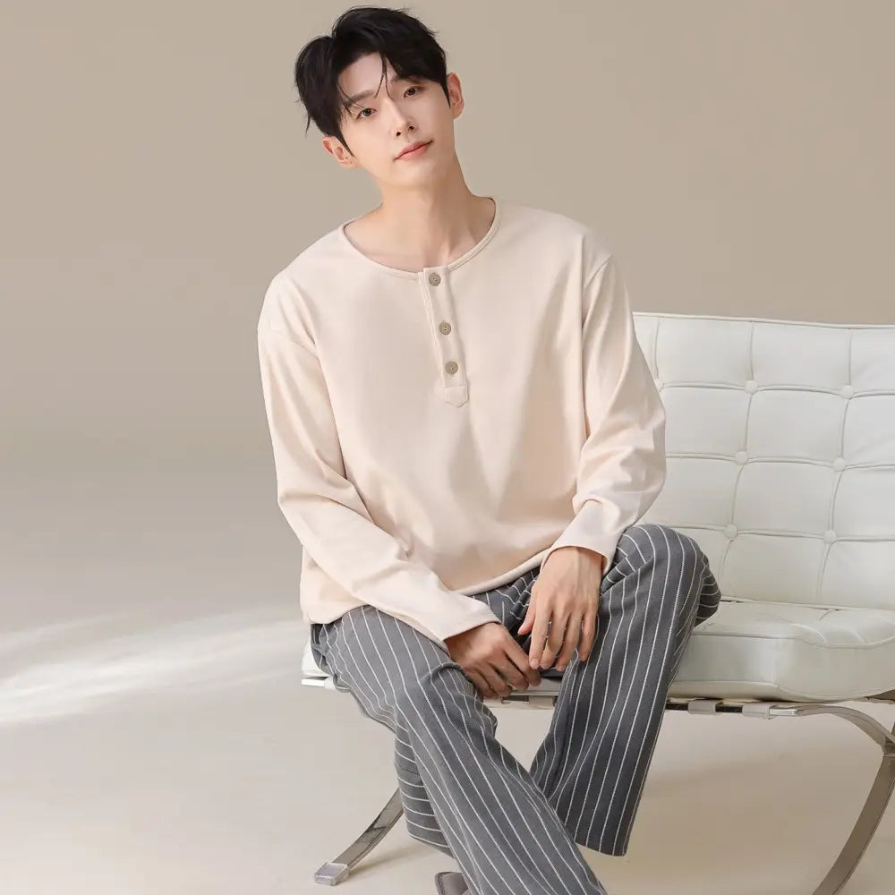 カップル パジャマ セット 春秋 新作 ストライプ 厚手 長袖 かわいい 可愛い 大きいサイズ ルームウェア 男女兼用 お揃い 部屋着 2点セット ID4053 タイプ③ / メンズL コーディネート＞ペアルック