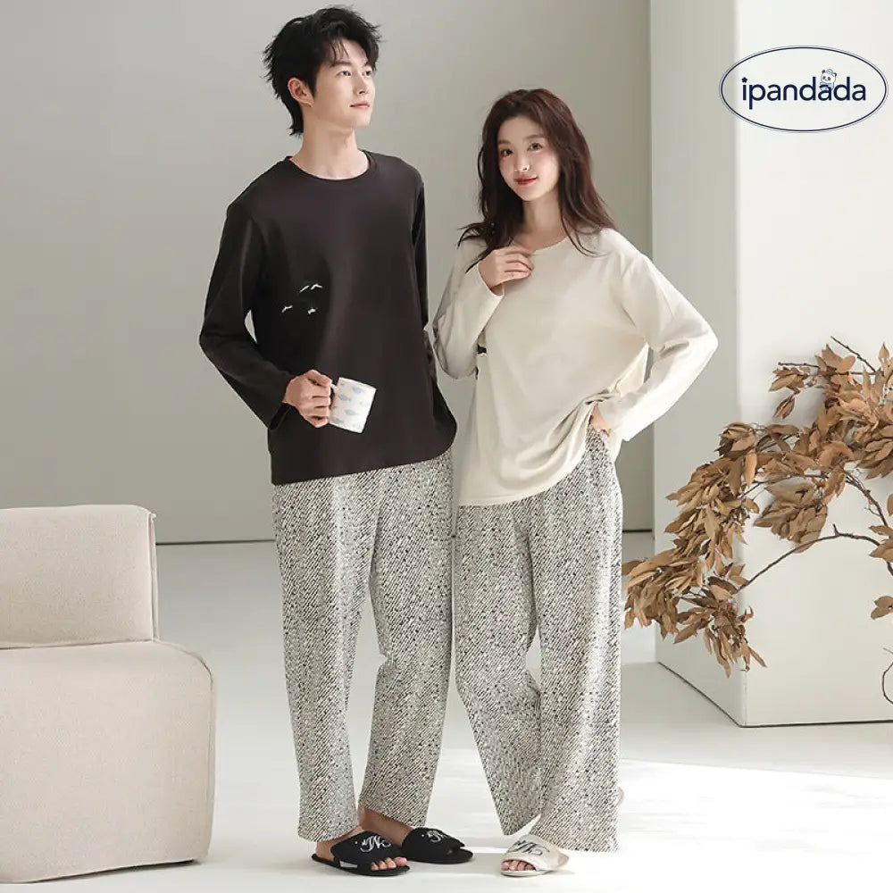 カップル パジャマ セット 春秋 長袖 綿 カジュアル ゆったり アウター可 ルームウェア お揃い 2点セット ID4073