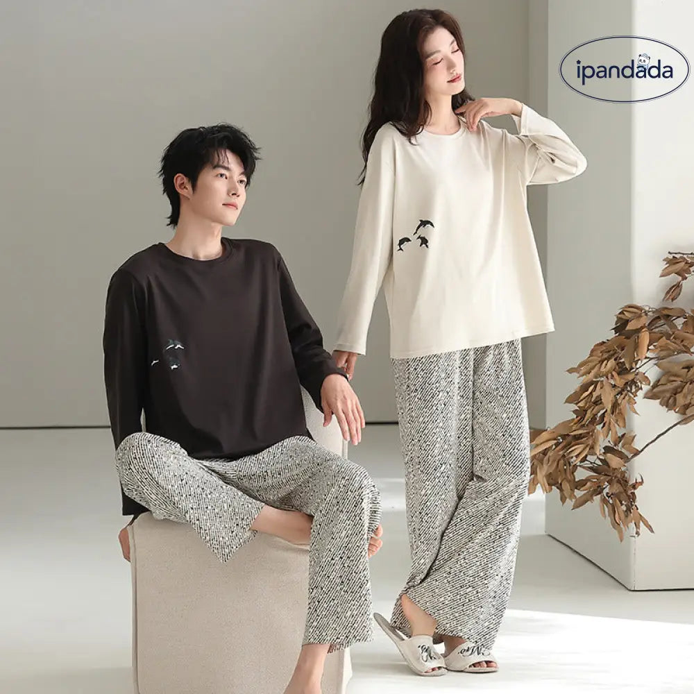 カップル パジャマ セット 春秋 長袖 綿 カジュアル ゆったり アウター可 ルームウェア お揃い 2点セット ID4073