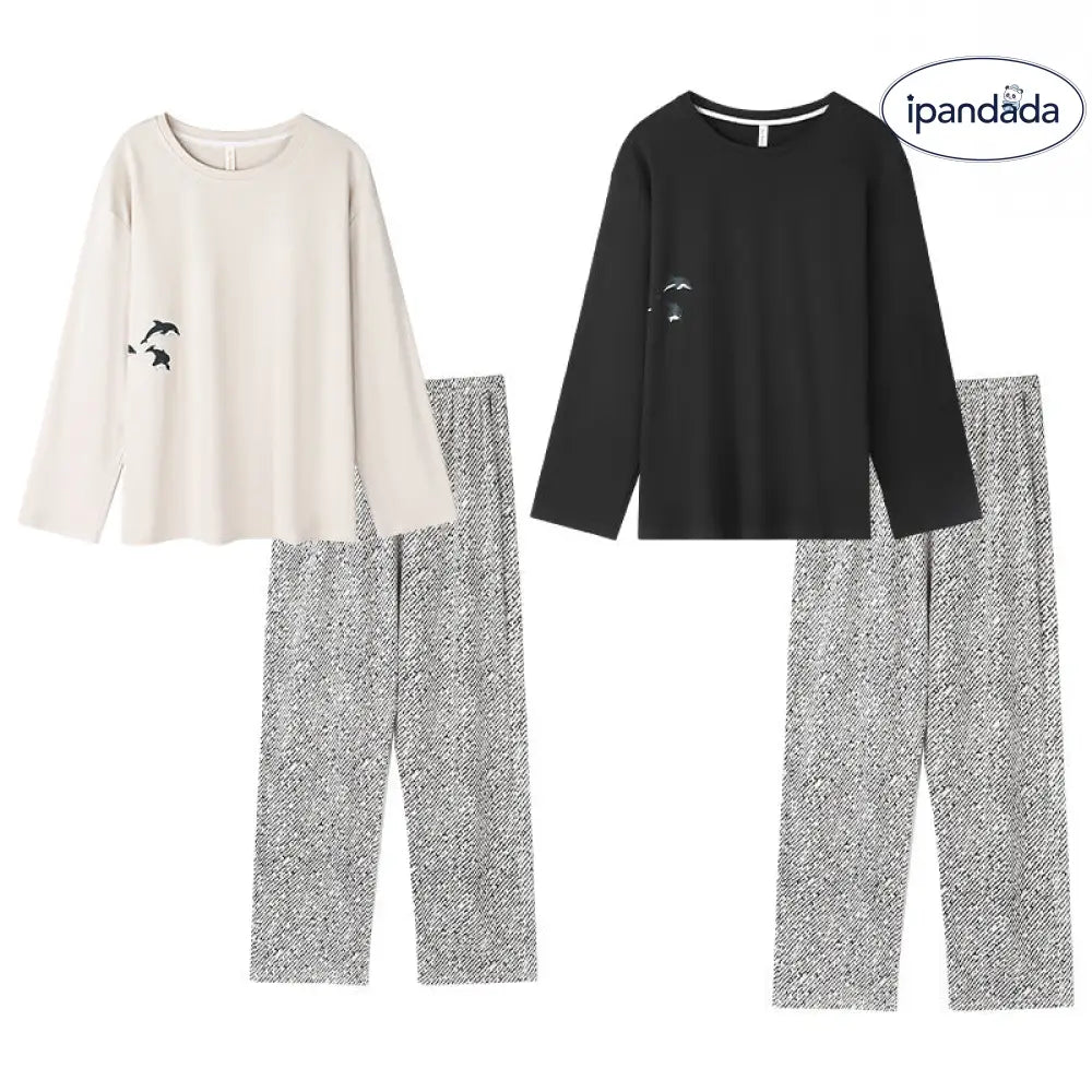 カップル パジャマ セット 春秋 長袖 綿 カジュアル ゆったり アウター可 ルームウェア お揃い 2点セット ID4073