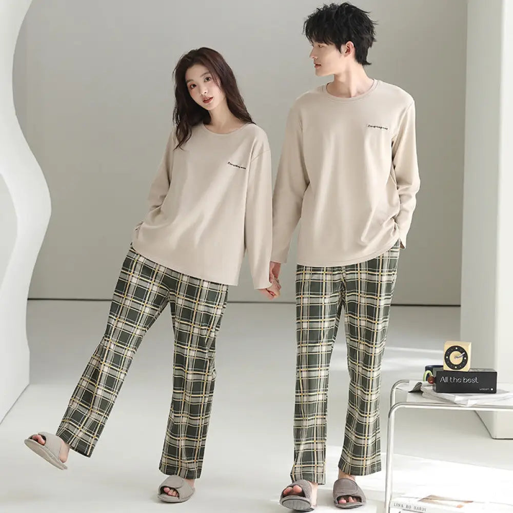 カップル パジャマ セット 春秋 長袖 綿 カジュアル ゆったり アウター可 ルームウェア お揃い 2点セット ID4073 タイプ④ / レディースＭ