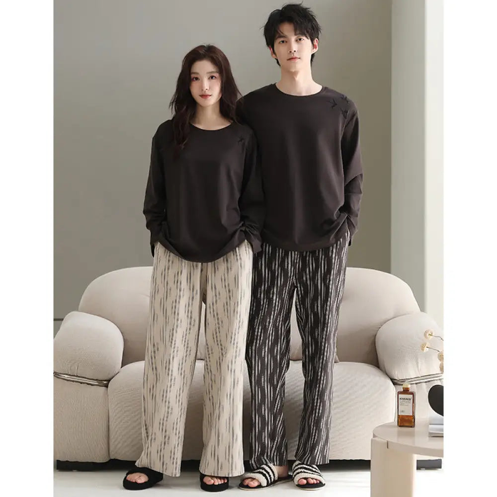 カップル パジャマ セット 春秋 長袖 綿 カジュアル ゆったり アウター可 ルームウェア お揃い 2点セット ID4073 タイプ③ / レディースＭ