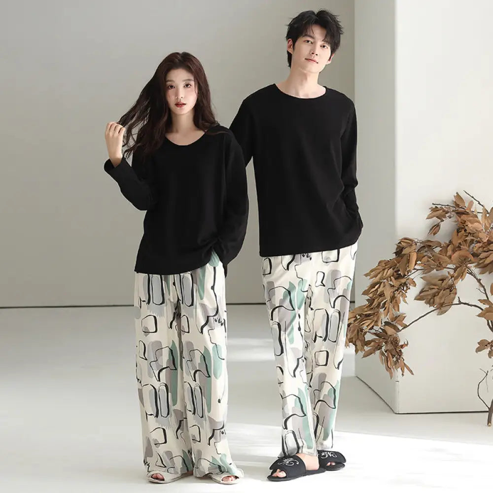 カップル パジャマ セット 春秋 長袖 綿 カジュアル ゆったり アウター可 ルームウェア お揃い 2点セット ID4073 タイプ② / レディースＭ