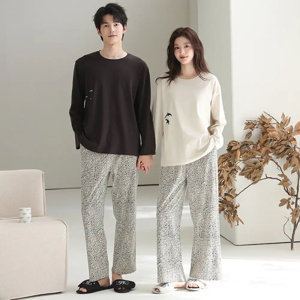 カップル パジャマ セット 春秋 長袖 綿 カジュアル ゆったり アウター可 ルームウェア お揃い 2点セット ID4073 タイプ① / レディースＭ