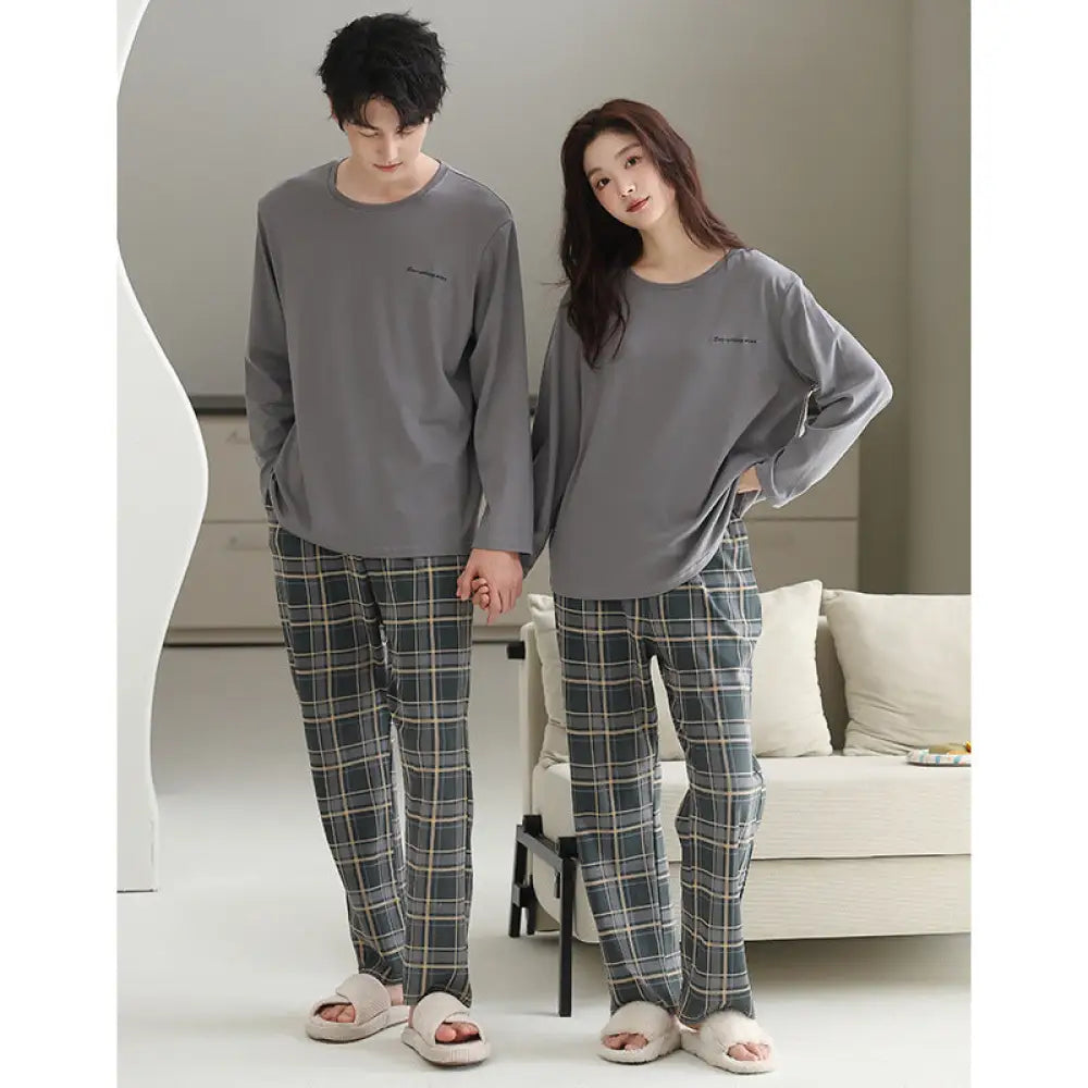 カップル パジャマ セット 春秋 長袖 綿 カジュアル ゆったり アウター可 ルームウェア お揃い 2点セット ID4073 タイプ⑤ / レディースＭ