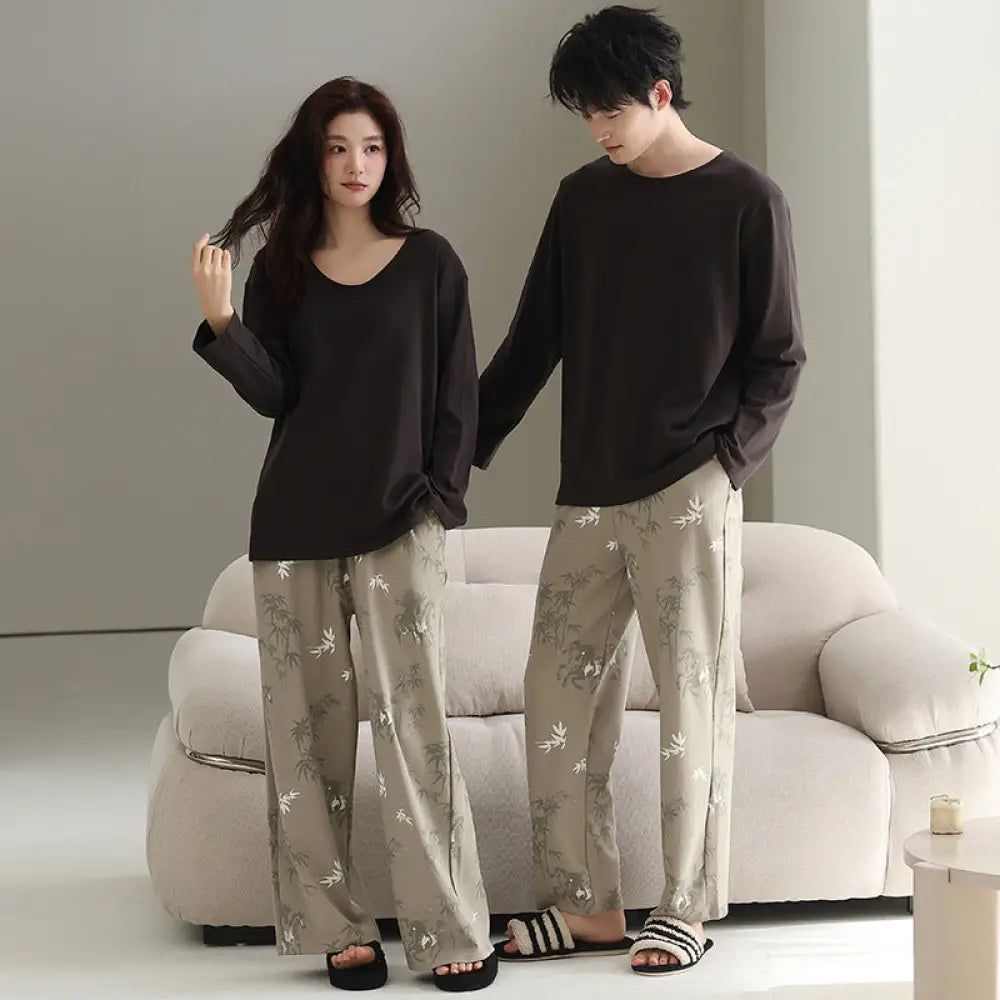 カップル パジャマ セット 春秋 長袖 綿 カジュアル ゆったり アウター可 ルームウェア お揃い 2点セット ID4073 タイプ⑦ / レディースＭ