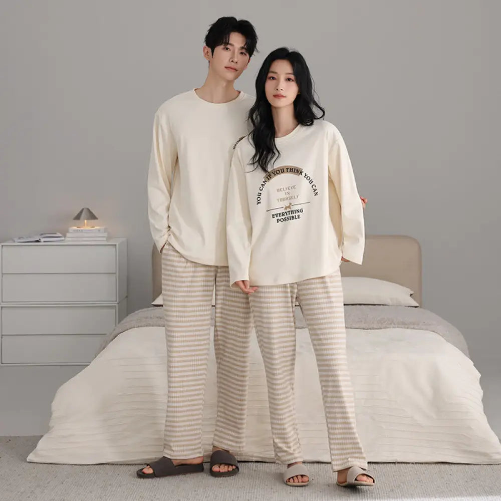 カップル パジャマ セット プルオーバー クルーネック 長袖 長ズボン ゆったり ルームウェア お揃い 2点セット ID4161 タイプ③ / レディースＭ
