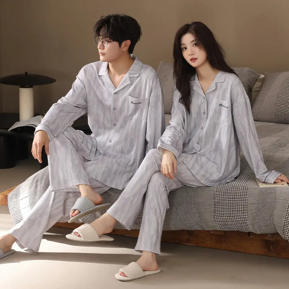 カップル パジャマ セット 綿 カーディガン 春秋 長袖 ルームウェア 部屋着 ペア お揃い 2点セット ID4045 タイプ⑤ / レディースＭ