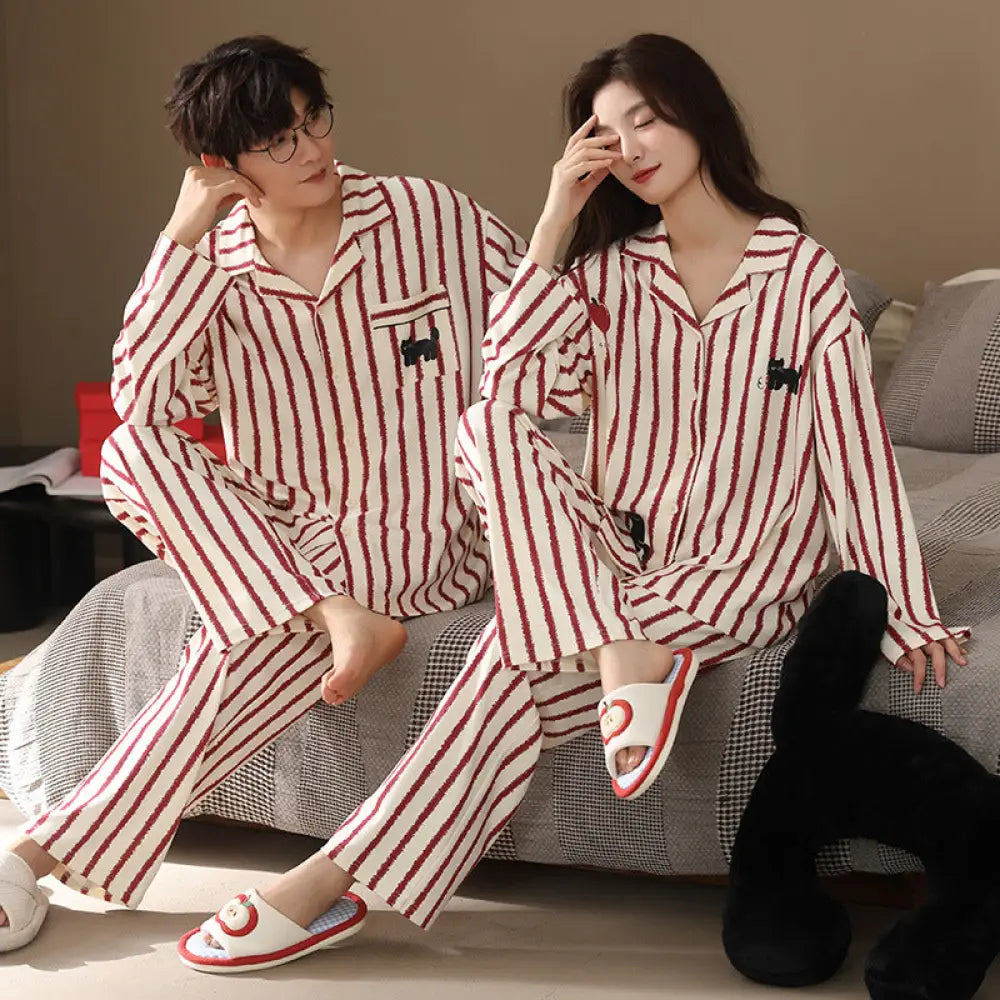 カップル パジャマ セット 綿 カーディガン 春秋 長袖 ルームウェア 部屋着 ペア お揃い 2点セット ID4045 タイプ③ / レディースＭ