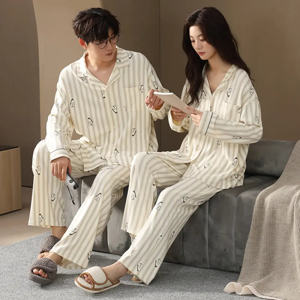 カップル パジャマ セット 綿 カーディガン 春秋 長袖 ルームウェア 部屋着 ペア お揃い 2点セット ID4045 タイプ⑦ / レディースＭ