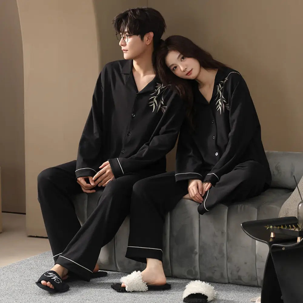 カップル パジャマ セット 綿 カーディガン 春秋 長袖 ルームウェア 部屋着 ペア お揃い 2点セット ID4045 タイプ④ / レディースＭ