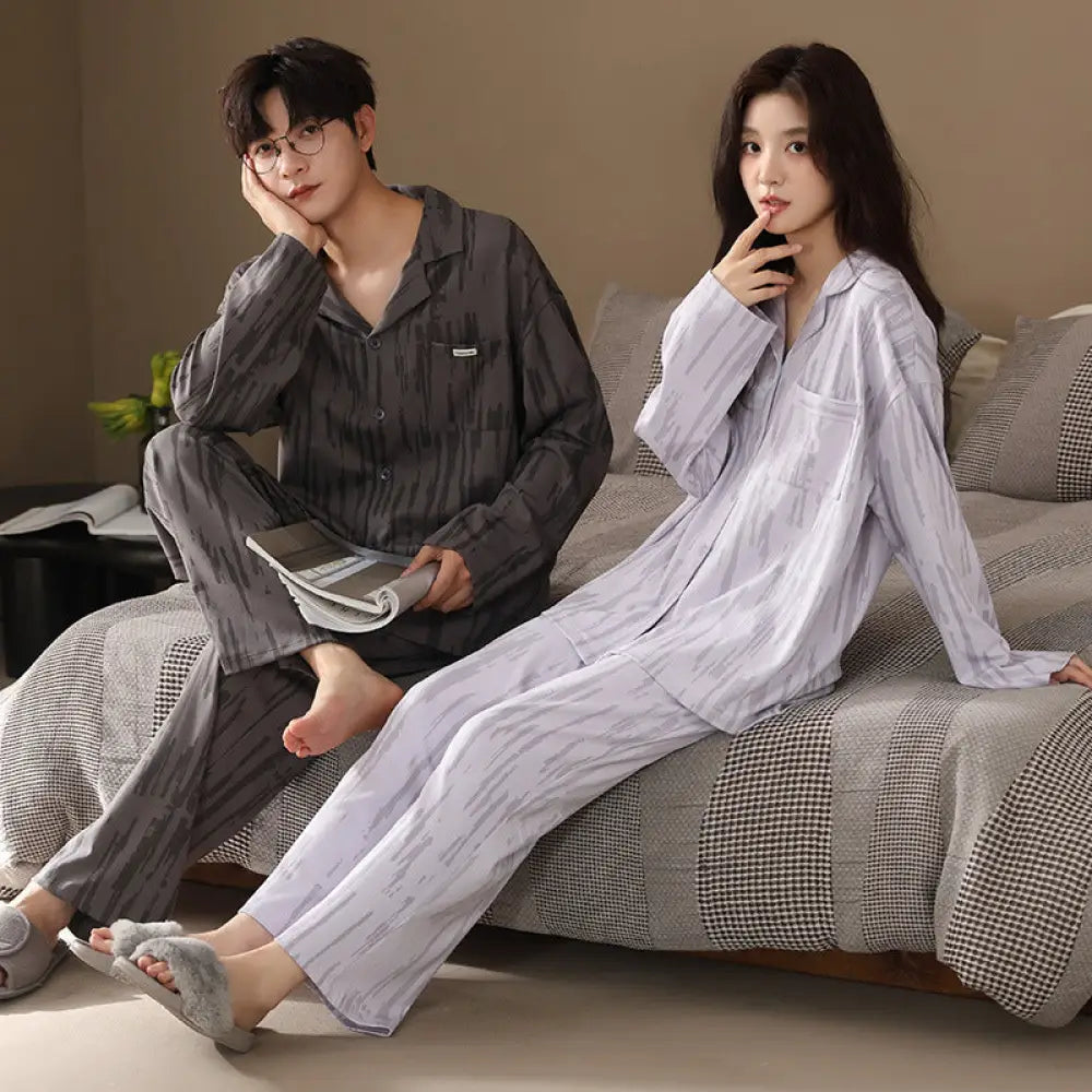 カップル パジャマ セット 綿 カーディガン 春秋 長袖 ルームウェア 部屋着 ペア お揃い 2点セット ID4045 タイプ⑥ / レディースＭ