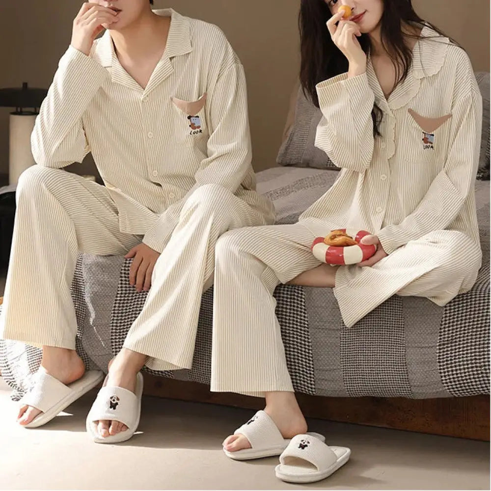 カップル パジャマ セット 綿 カーディガン 春秋 長袖 ルームウェア 部屋着 ペア お揃い 2点セット ID4045 タイプ① / レディースＭ