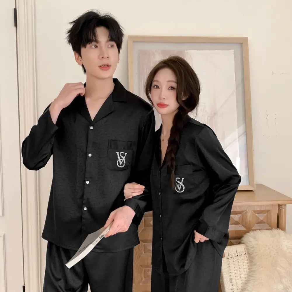カップル パジャマ セット シンプル ルームウェア 男女兼用 長袖 部屋着 2点セット メンズ レディース 高級感 ID4191 ブラック / レディースＭ