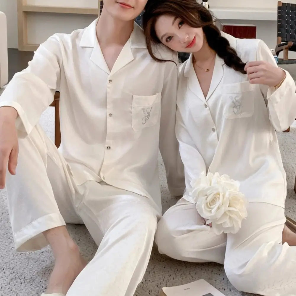 カップル パジャマ セット シンプル ルームウェア 男女兼用 長袖 部屋着 2点セット メンズ レディース 高級感 ID4191 ホワイト / レディースＭ