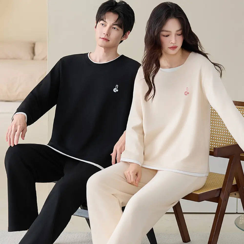 カップル パジャマ セット 長袖 保温 ルームウェア 男女兼用 お揃い 部屋着 ゆったり 2点セット メンズ レディース ID4160 タイプ① / レディースＭ