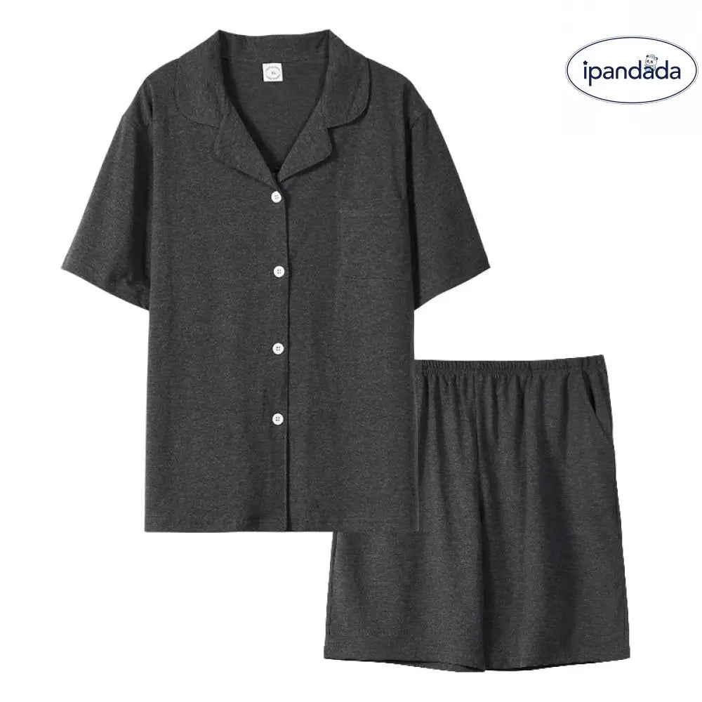ID688 カップル パジャマ 夏 綿100% 薄手 半袖 ショートパンツ カーディガン セット メンズ レディース おそろい 2点セット 吸汗 速乾 ゆったり 無地 ルームウェア ブラック（メンズ ） / レディースＭ