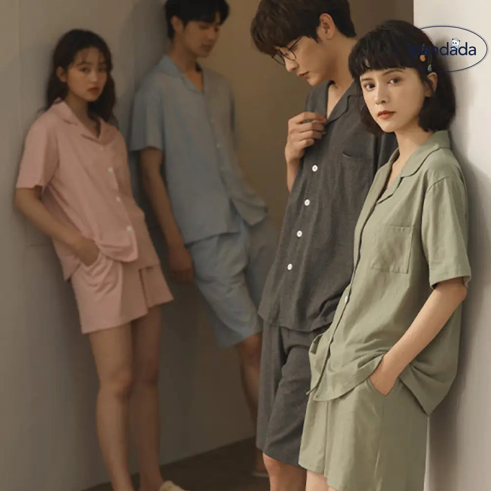 ID688 カップル パジャマ 夏 綿100% 薄手 半袖 ショートパンツ カーディガン セット メンズ レディース おそろい 2点セット 吸汗 速乾 ゆったり 無地 ルームウェア カップル＞セットアップ